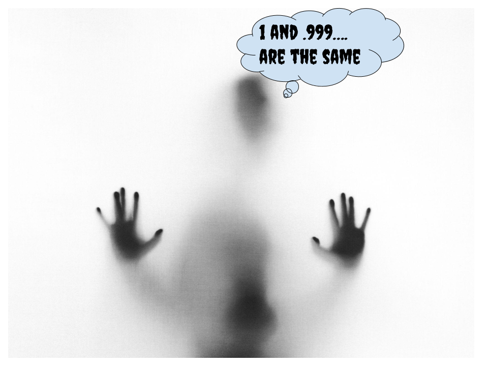 A blurry silhouette of a person pressing against frosted glass, with a thought bubble reading “1 and .999… are the same”