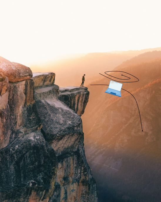 A person standing at the edge of a cliff at sunset, with an illustration of a laptop flying through the air on a looping arrow trajectory