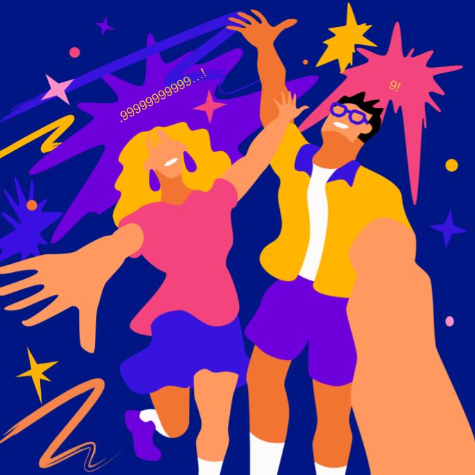 Colorful illustration of two people joyfully high-fiving amid stars, with “.99999999999…!” and “9!” added among the sparkles