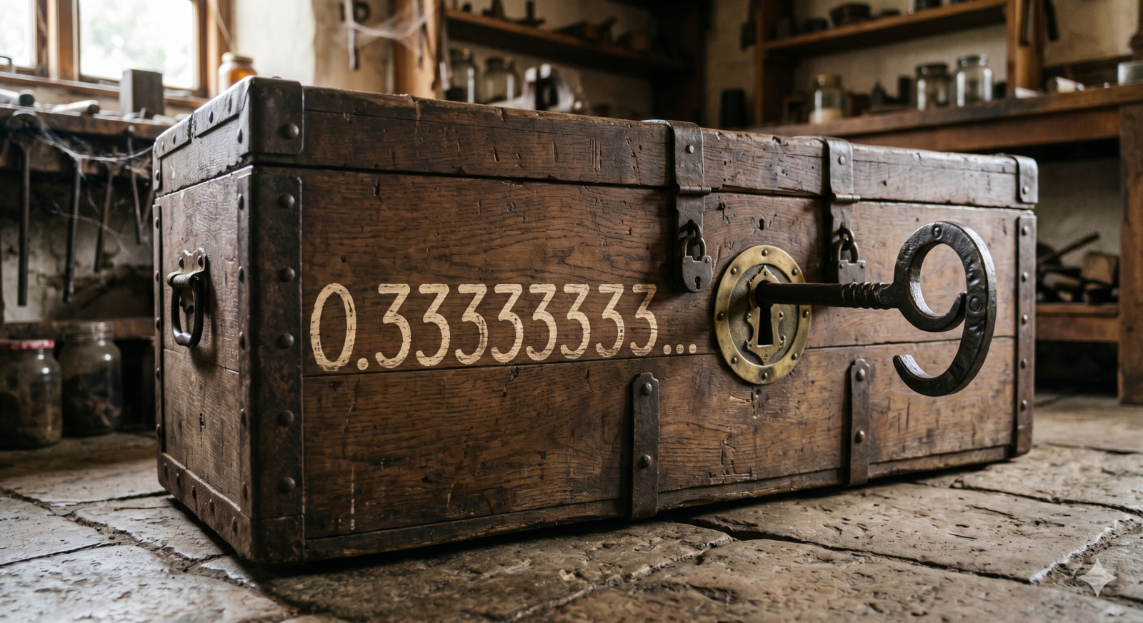 An old wooden trunk with iron hardware and a large iron key shaped like the numeral 9, with “0.33333333…” painted on the side