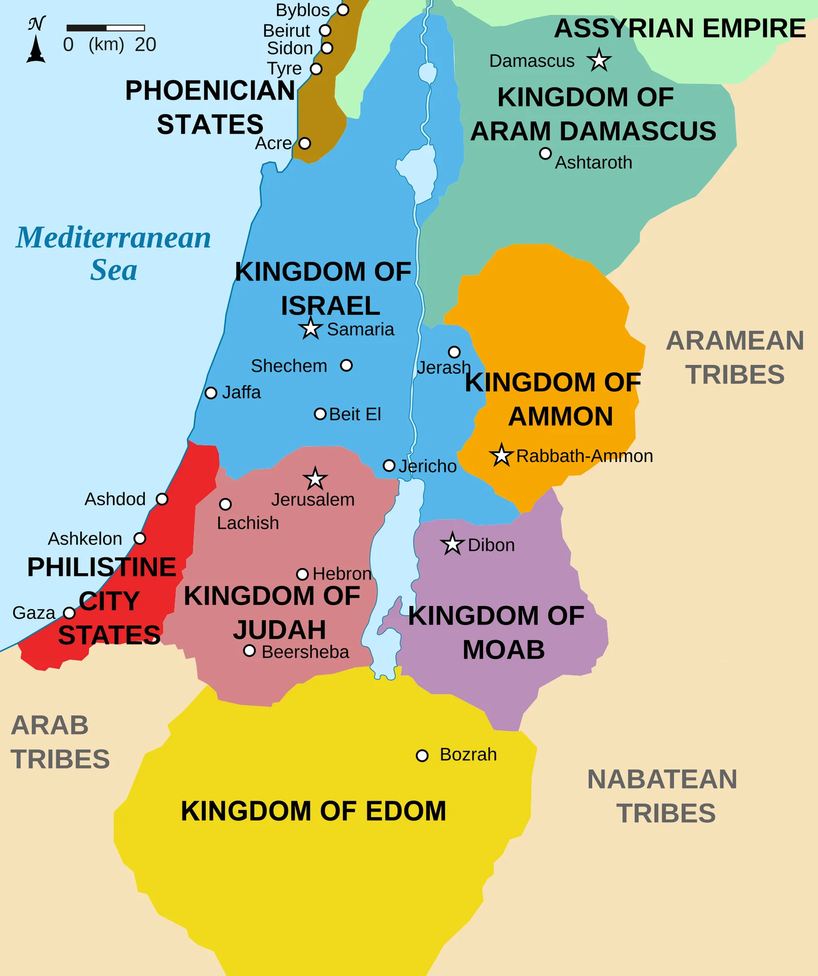 The Southern Levant c. 830 BCE: Israel, Judah, and the cousin-nations they emerged alongside. Map by Muchado / Richardprins, CC BY-SA 3.0, via Wikimedia Commons.