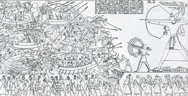 Naval battle in the Nile Delta between the sea peoples and the armed forces of Ramses III, 1198 - 1166 BC. Chr. Redrawing wall relief in the temple of Medinet-Habu/Theben