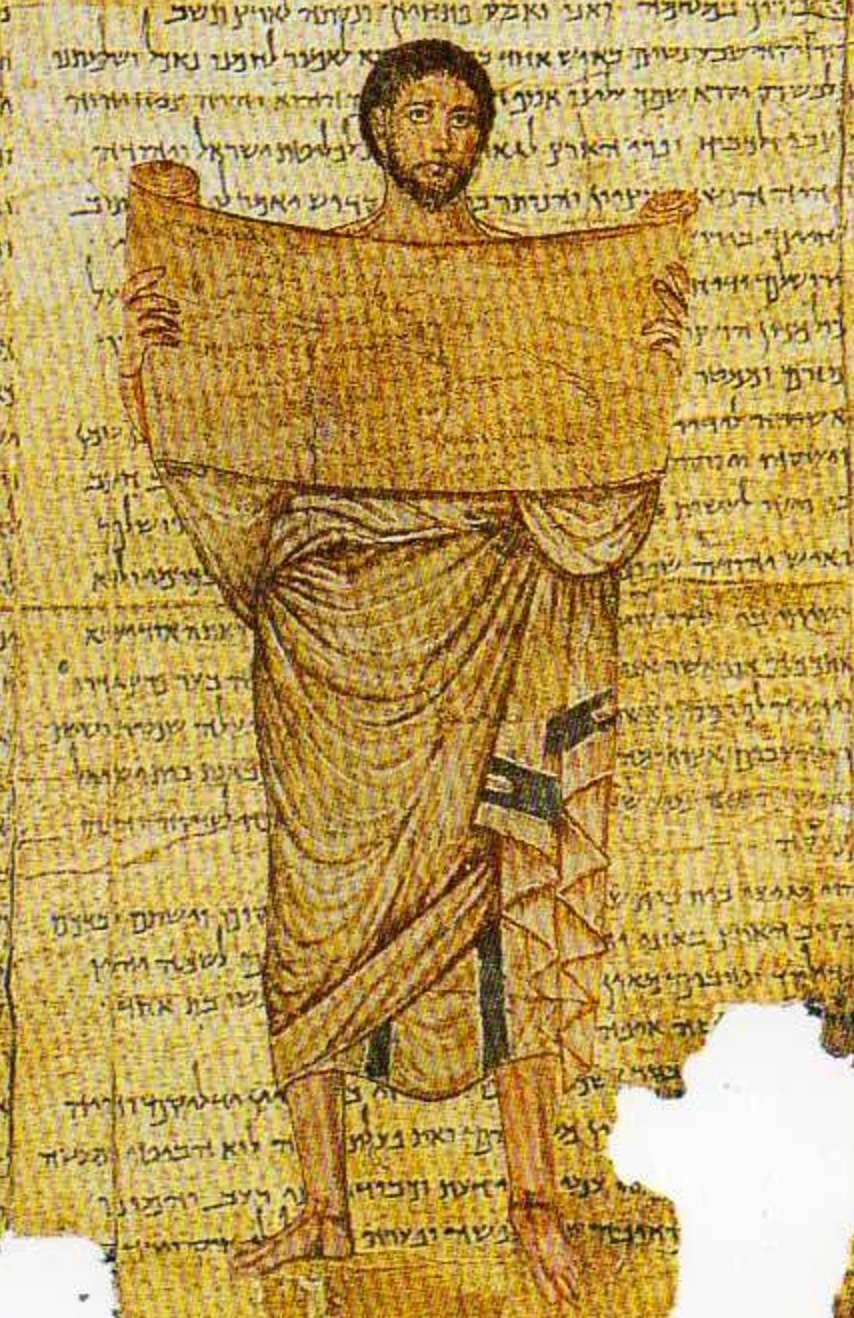 A panel from the Dura-Europos synagogue, usually identified as Ezra reading the Law (some scholars argue it’s Moses), c. 244-245 CE. Roman defenders packed the building with earth around 256 CE, to reinforce the city wall against a Sasanian siege. That’s why it survives at all. Shown against a fragment of the Isaiah Scroll. Public domain, via Wikimedia Commons.