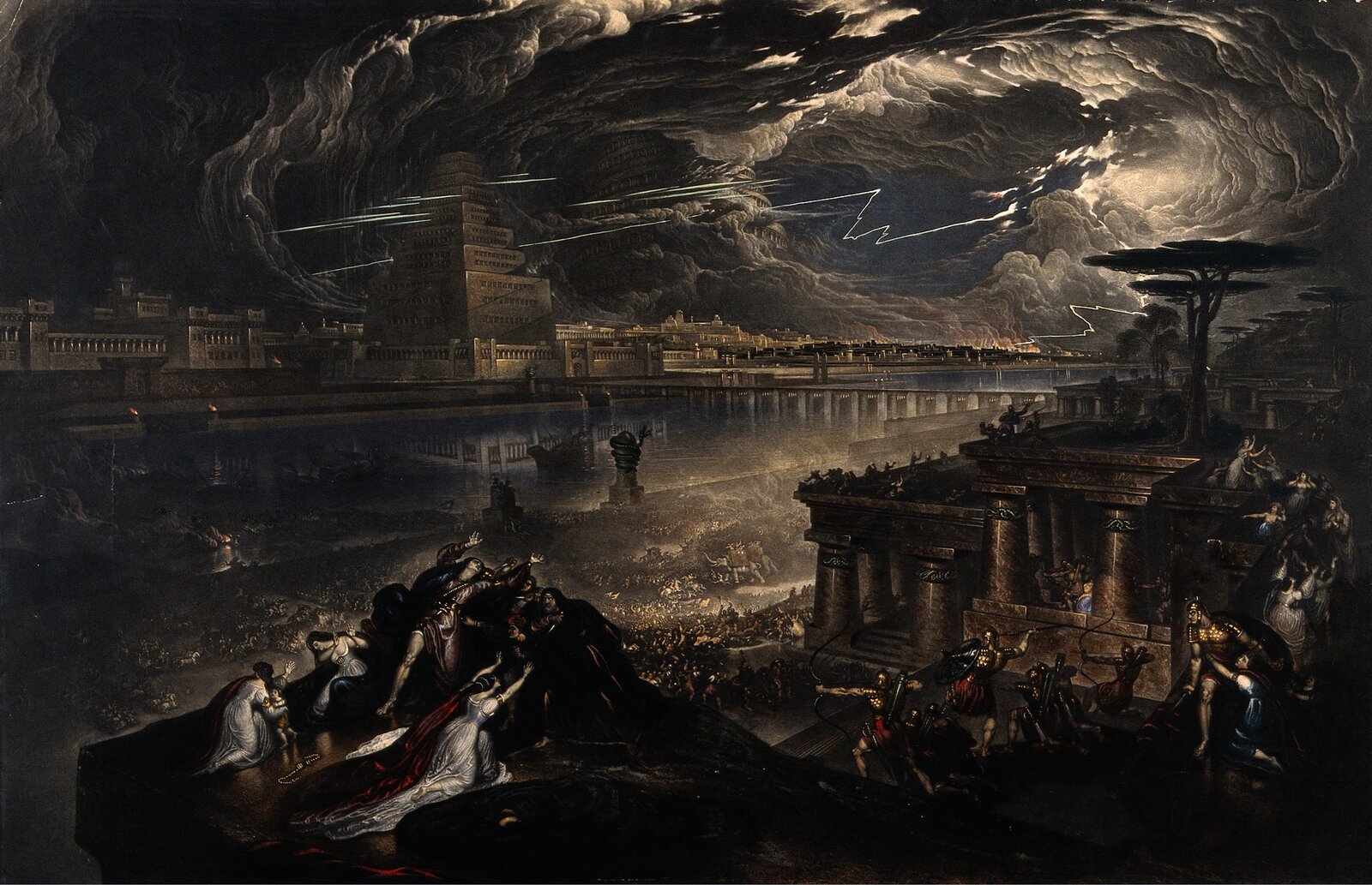 The fall of Babylon; Cyrus the Great defeating the Chaldean army. Mezzotint by John Martin, 1831, after his own 1819 painting. Wellcome Collection, CC BY 4.0.