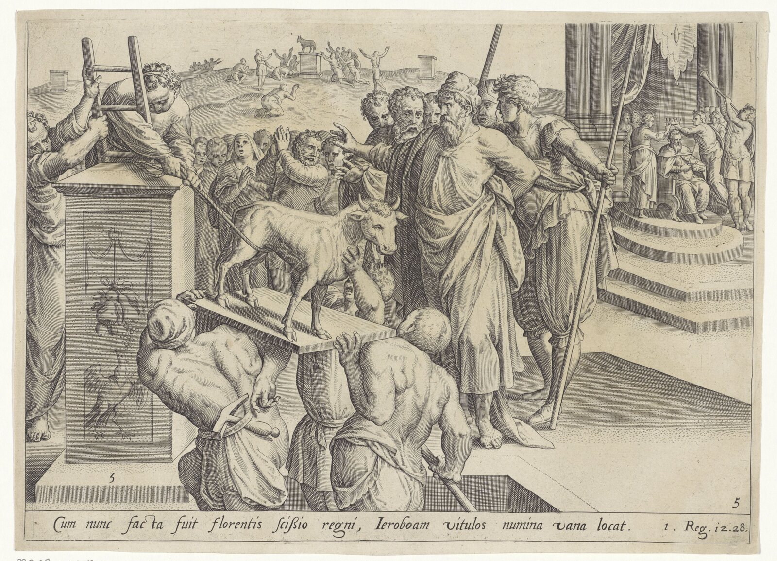 Jeroboam erects the two golden bull-calves at Dan and Bethel – later Judahite editors would reframe mainstream northern Yahwism as idolatry. Etching after Maarten van Heemskerck, Rijksmuseum, CC0.
