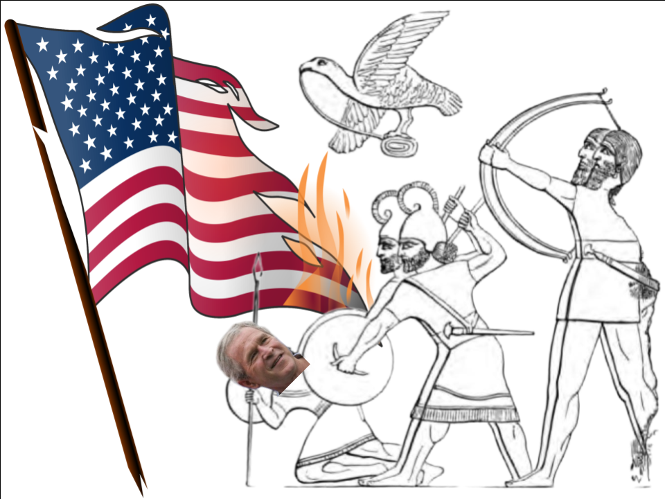 Neo-Assyrians conquering the heretical Usa for its football worship (remixed from Wikimedia Commons images: Assyrian Warriors Fighting an Enemy, George W Bush with Jim Lefebvre, and Anti-Americanism Waving Flag Icon)