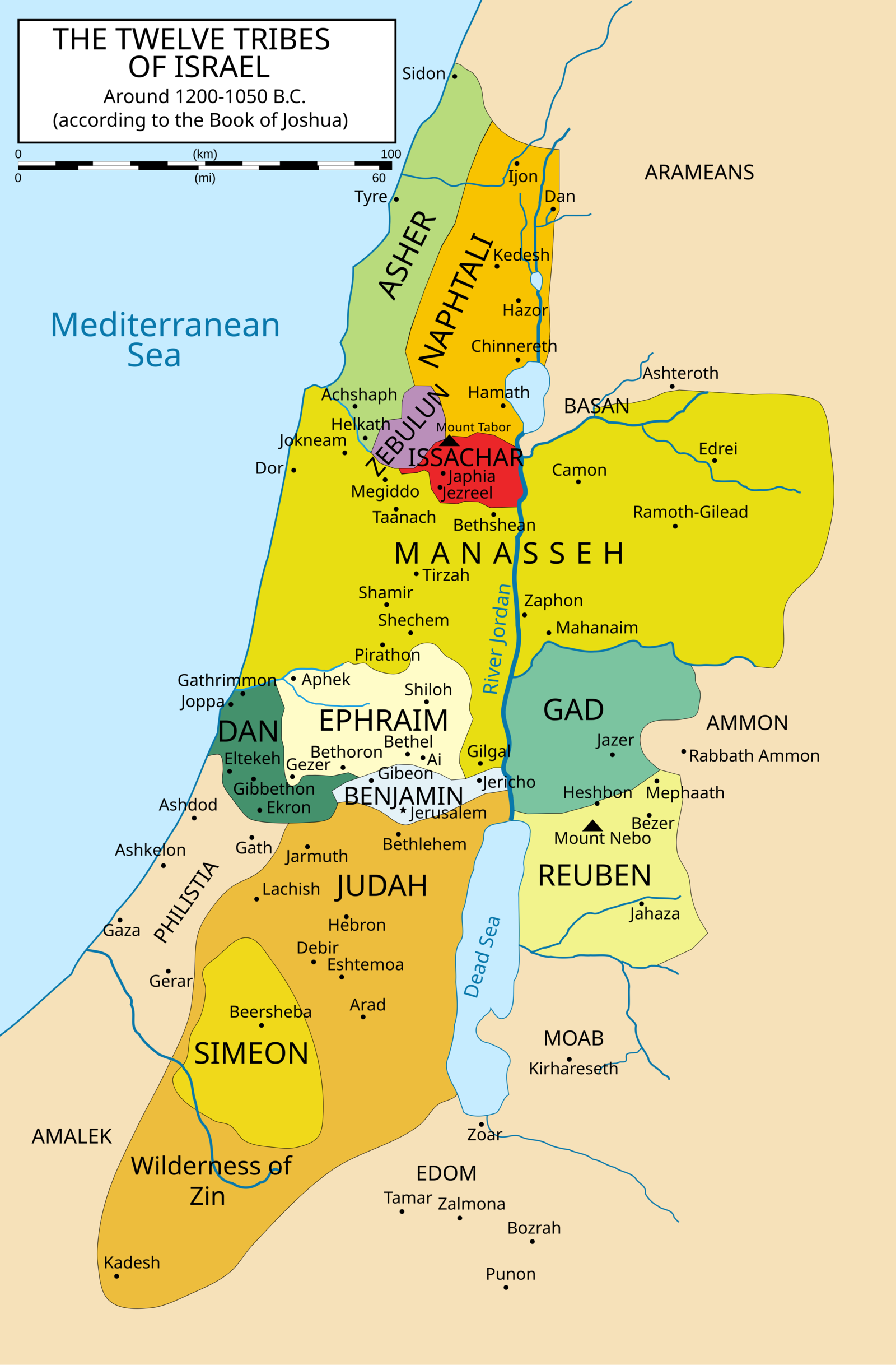 The twelve tribes and their traditional territories. Leah’s tribes sit largely south and Rachel’s north – the family tree preserves the political geography. Map by Richardprins et al., CC BY-SA 3.0, via Wikimedia Commons.